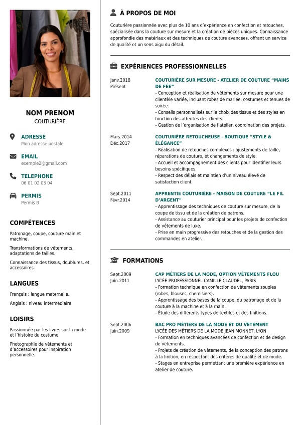 modele de CV en PDF pour couturière