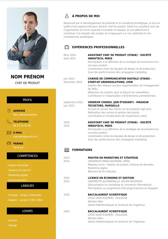 CV avec photo pour chef de produit