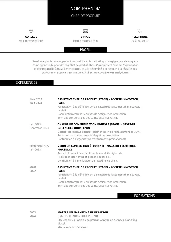 template CV classique pour chef de produit