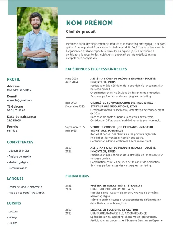 modèle CV design pour chef de produit