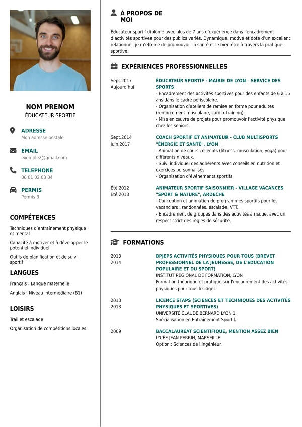 template CV au format PDF educateur sportif