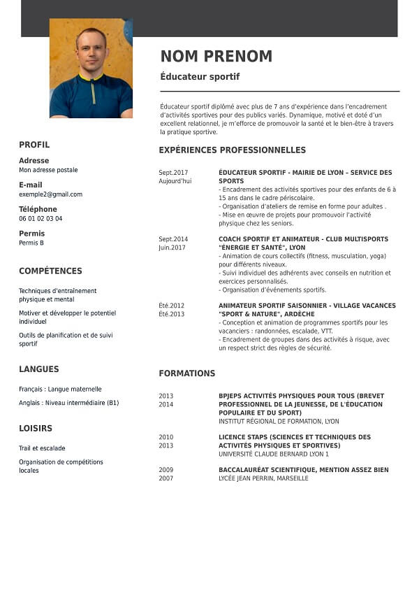 modele curriculum vitae vierge educateur sportif