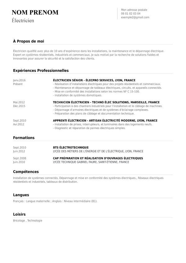 modele CV chronologique electricien
