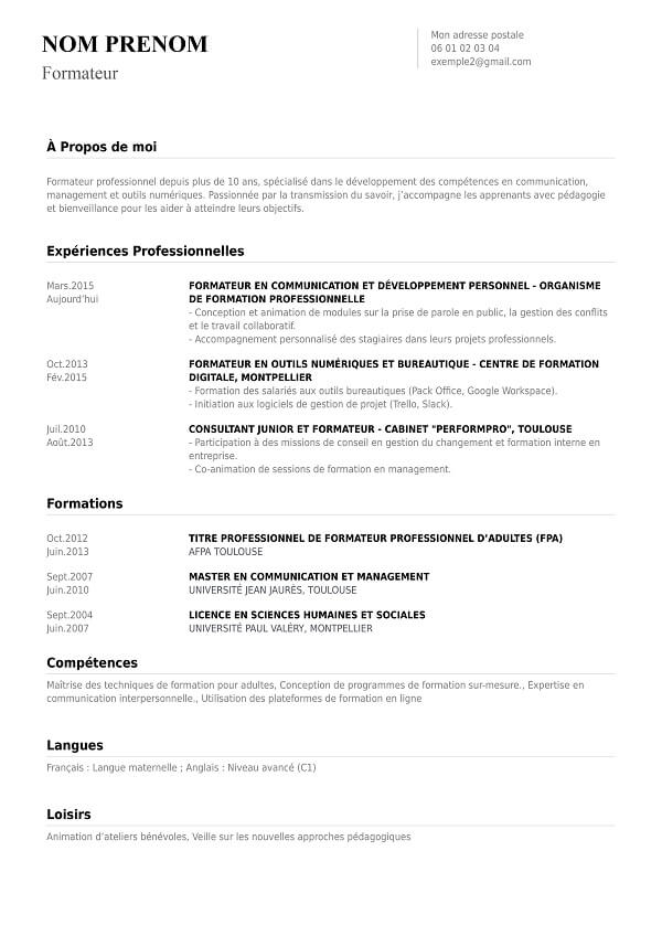 template CV classique sans photo formateur