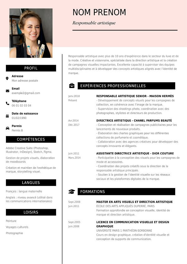 modele de CV au format PDF rose pour luxe