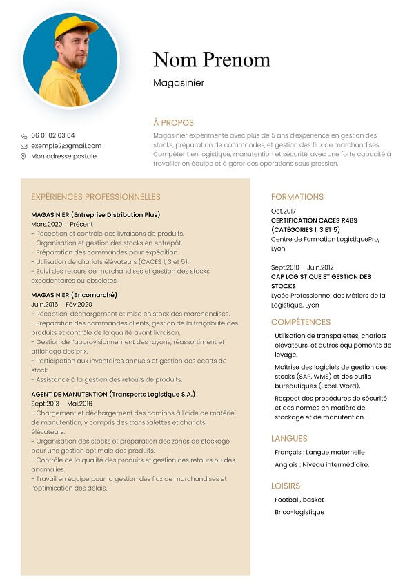 template CV marron pour magasinier