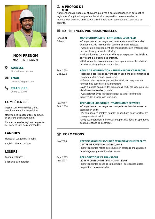 modele de CV simple au format PDF pour manutentionnaire