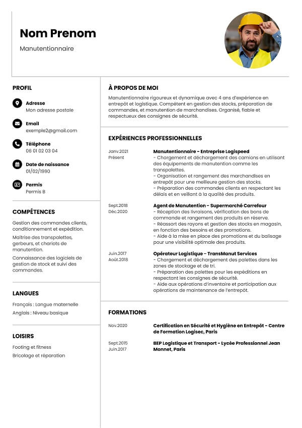 exemple CV word pour manutentionnaire