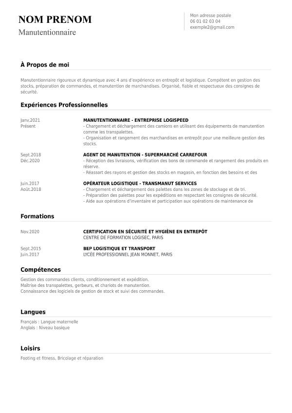 modele de CV chronologique pour manutentionnaire