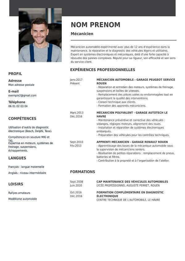 exemple de CV vierge pour mécanicien