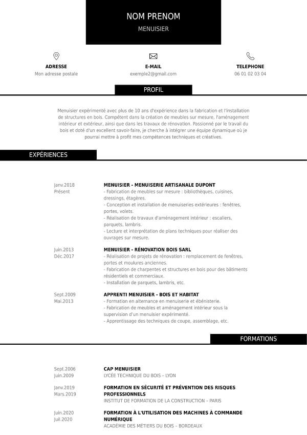 template CV menuisier sans photo