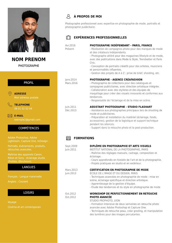 template CV professionnel photographe