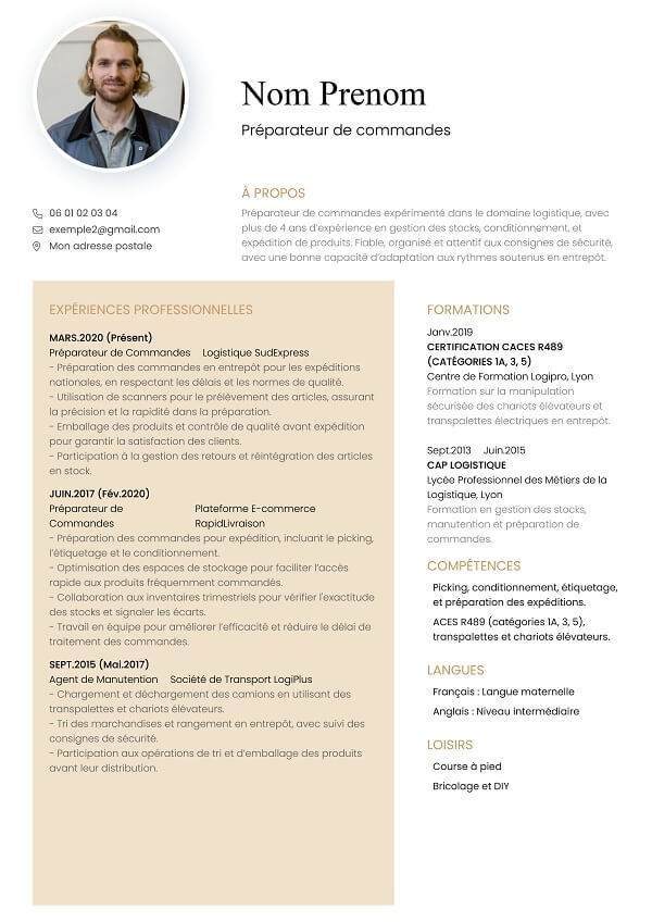 template CV marron pour préparateur de commandes