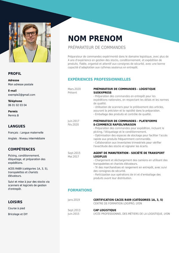 CV moderne design pour préparateur de commande