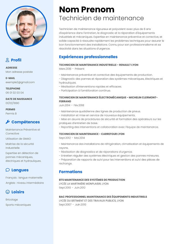 exemple de curriculum vitae bleu technicien de maintenance