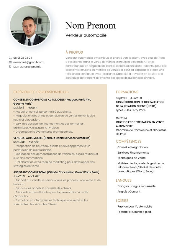 template CV marron vendeur automobile