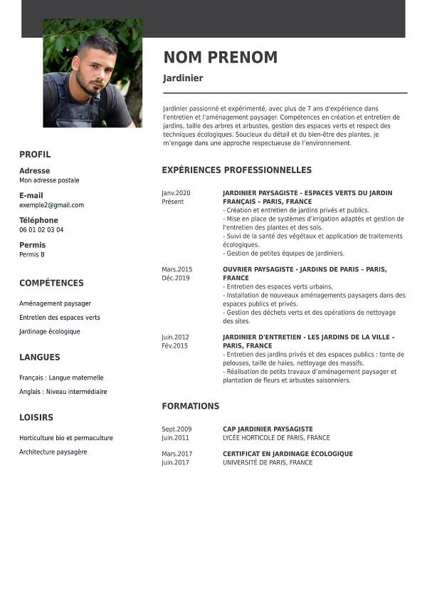 template CV word jardinier