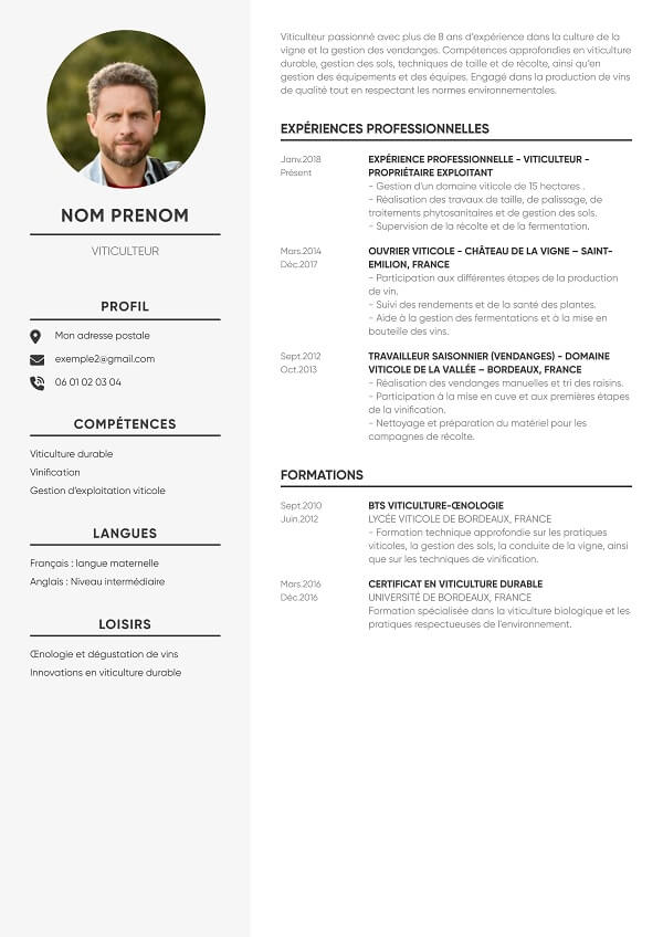 modele de CV gris au format PDF viticulteur