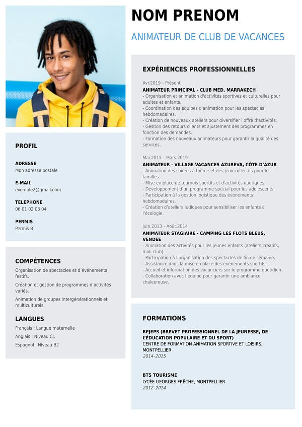 template CV design animateur club vacances