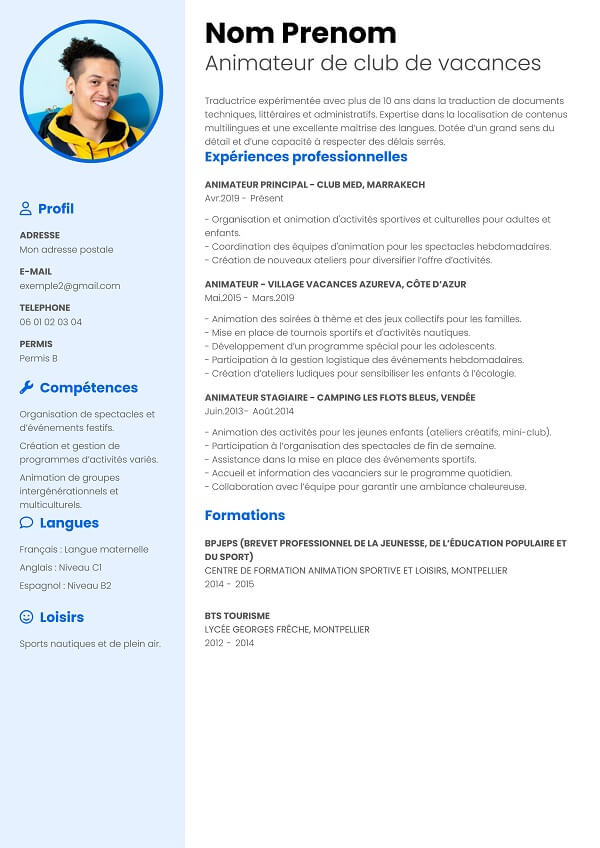 exemple curriculum vitae bleu animateur club vacances