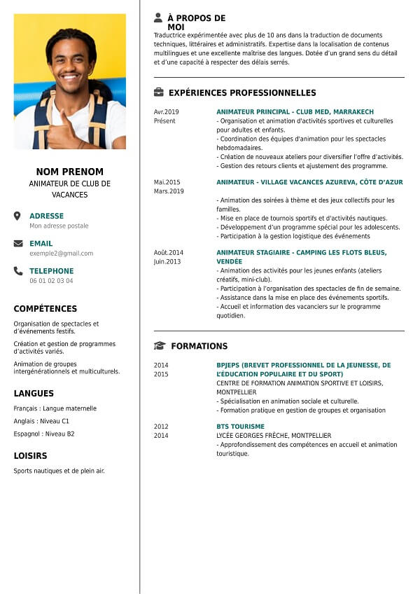 modele simple CV animateur club vacances