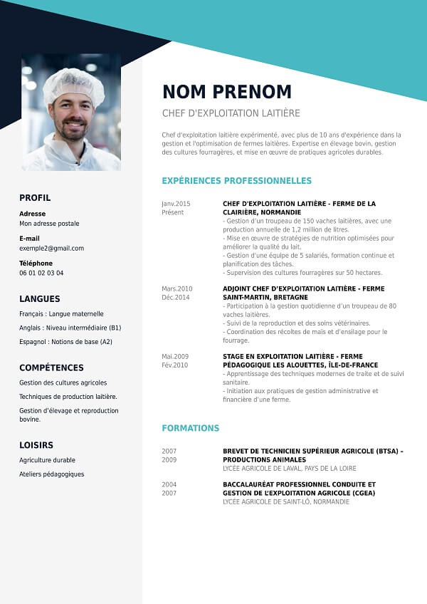 template CV professionnel chef d'exploitation laitiere