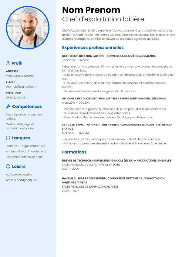 exemple de CV bleu classique chef d'exploitation laitiere