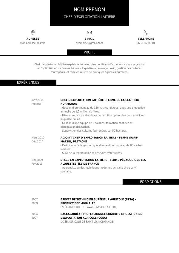 template CV sans photo simple chef d'exploitation laitiere