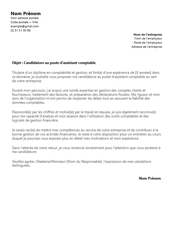 exemple de lettre de motivation professionnelle assistant comptable