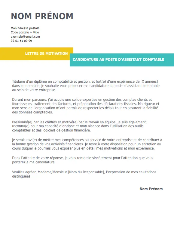 lettre de motivation pour assistant comptable