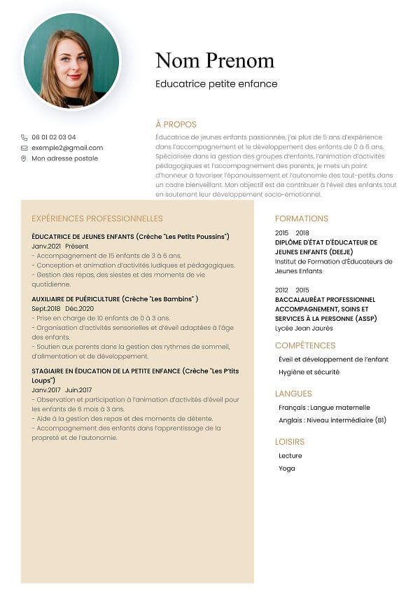 template CV marron PDF petite enfance