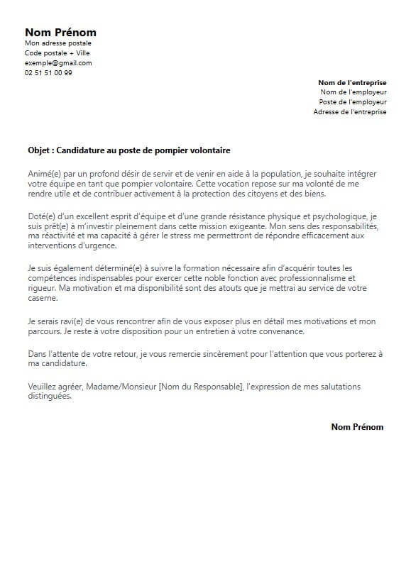 lettre de motivation pompier volontaire