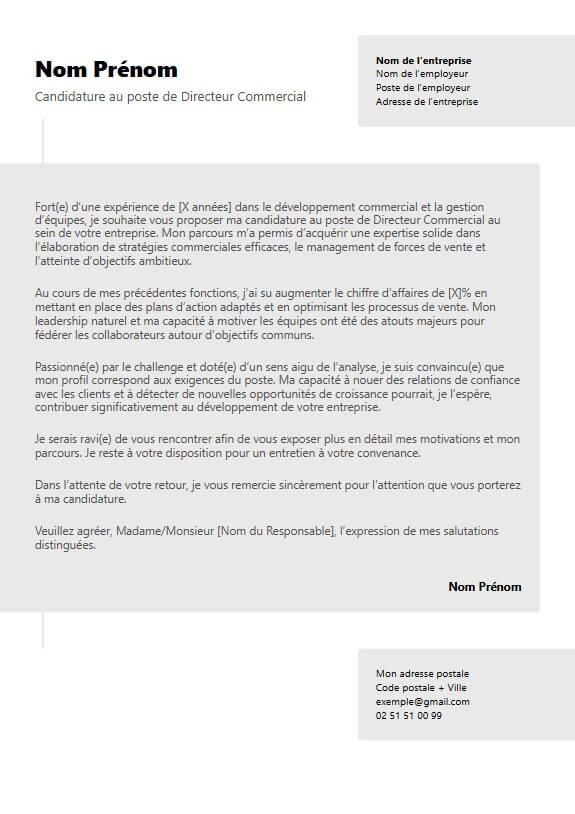 template de lettre de motivation moderne de directeur commercial