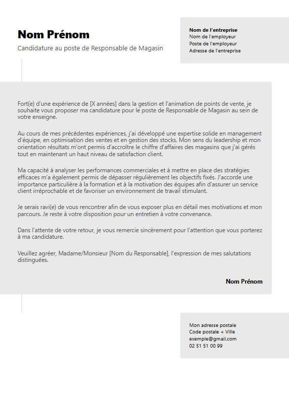 template de lettre de motivation moderne de responsable de magasin