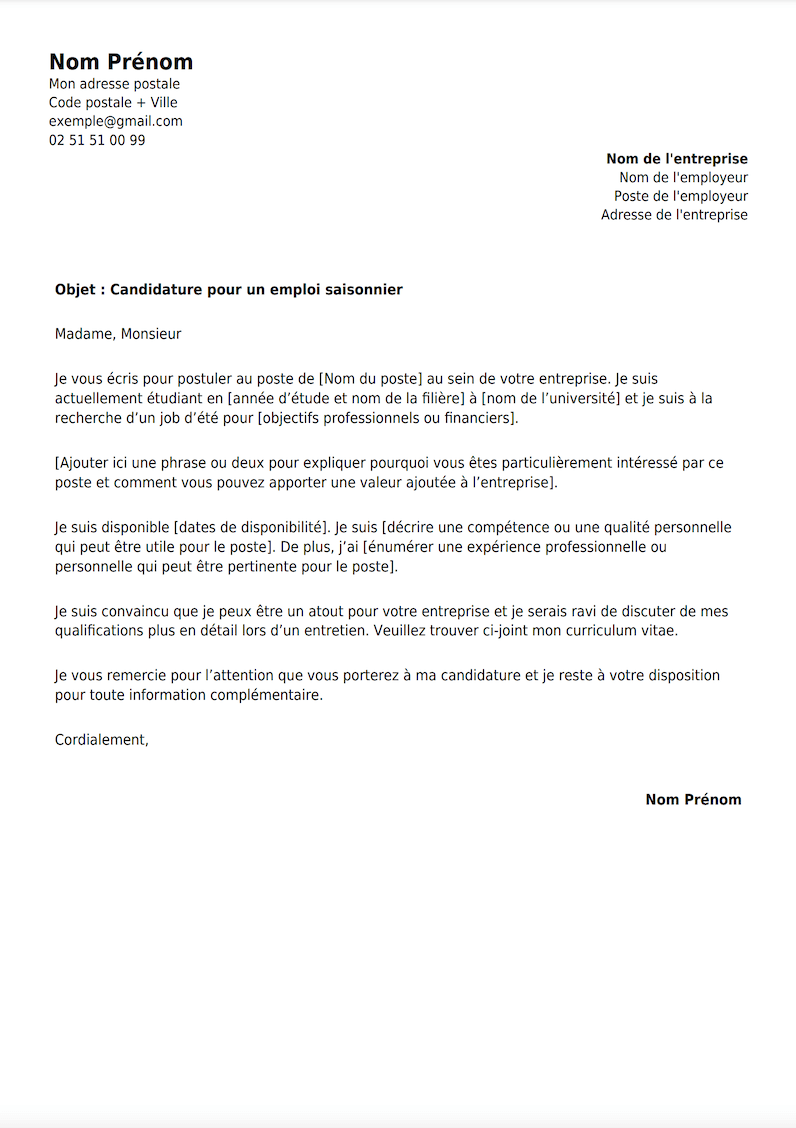 exemple de lettre de motivation pour un emploi saisonnier avec un design classique